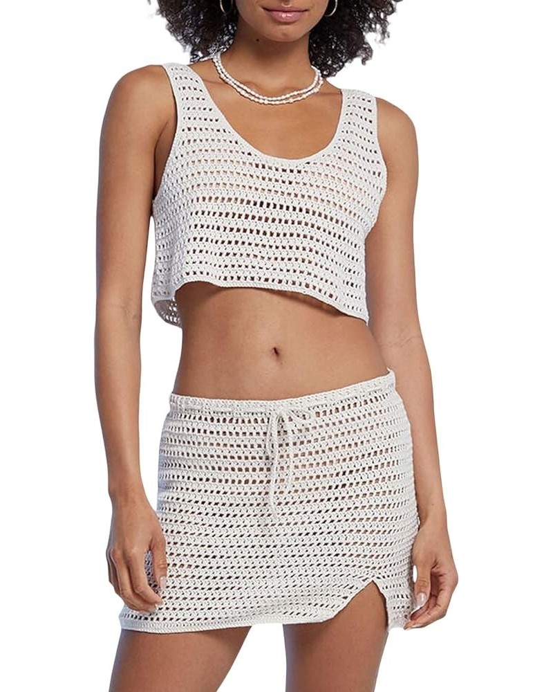 Women Crochet Knit 2 Piece Skirt Set Hollow Out Knitted Crop Top Bodycon Mini Skirt Summer Cover Up Beachwear H Crochet Skirt...