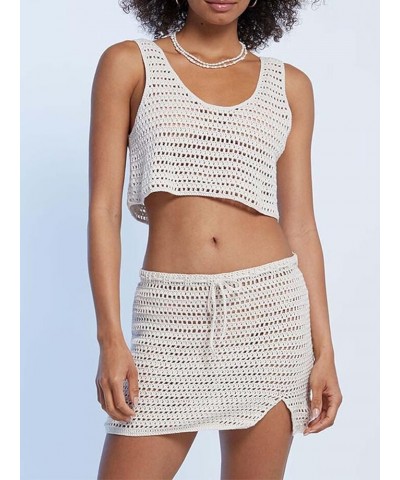 Women Crochet Knit 2 Piece Skirt Set Hollow Out Knitted Crop Top Bodycon Mini Skirt Summer Cover Up Beachwear H Crochet Skirt...