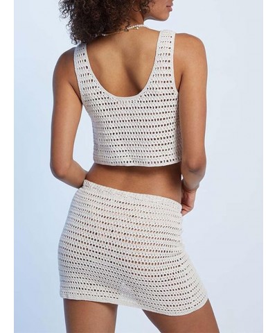 Women Crochet Knit 2 Piece Skirt Set Hollow Out Knitted Crop Top Bodycon Mini Skirt Summer Cover Up Beachwear H Crochet Skirt...