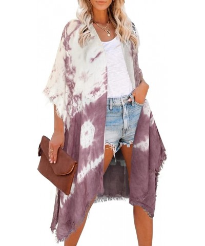 Women's Beach Cover up Swimsuit Kimono with Bohemian Floral Print, Loose Casual Resort Wear E Tie-dye Ultra Violet $15.48 Swi...