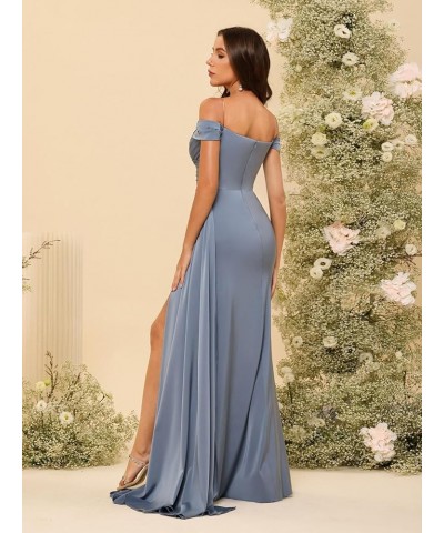 Women's Sweetheart Bridesmaid Dresses with Slit 2024 Long Off Shoulder Satin Mermaid Formal Dress NO094 Navy Blue $36.26 Dresses