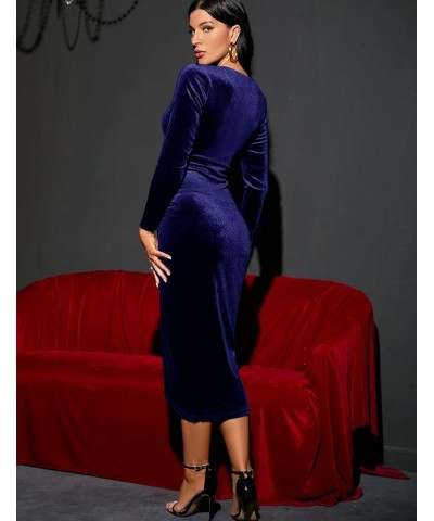 2023 Wrap Ruched Velvet Dress V Neck Short Ruffle Sleeves Long Bodycon Midi Elegant Party Wedding Guest Cocktail Navy Blue, L...