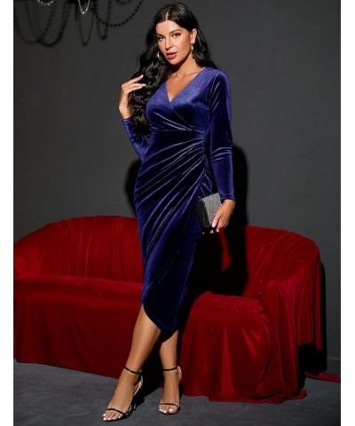 2023 Wrap Ruched Velvet Dress V Neck Short Ruffle Sleeves Long Bodycon Midi Elegant Party Wedding Guest Cocktail Navy Blue, L...