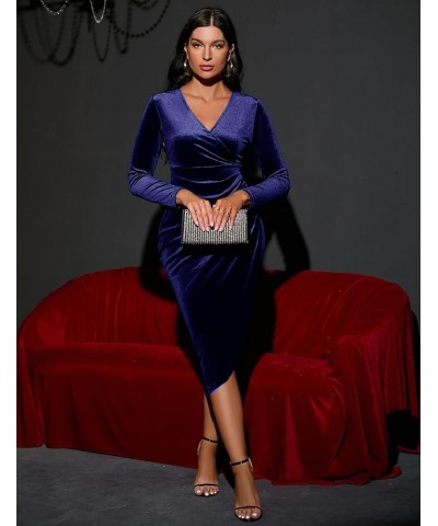 2023 Wrap Ruched Velvet Dress V Neck Short Ruffle Sleeves Long Bodycon Midi Elegant Party Wedding Guest Cocktail Navy Blue, L...