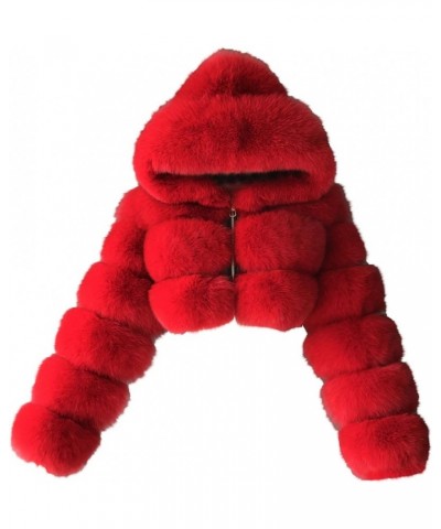 Womens Faux Fur Winter Coats Cropped Luxury Fluffy Fuzzy Fleece Jacket Plush Teddy Shaggy Cardigan Outwear Red 7 $23.49 Coats