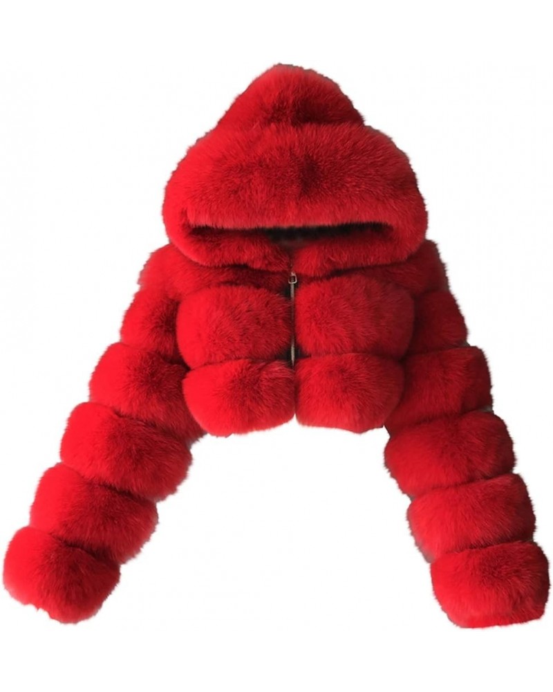 Womens Faux Fur Winter Coats Cropped Luxury Fluffy Fuzzy Fleece Jacket Plush Teddy Shaggy Cardigan Outwear Red 7 $23.49 Coats