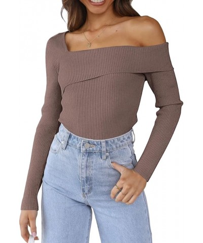 Womens Off Shoulder Sweaters 2024 Fall Long Sleeve Knitted Lightweight Going Out Pullover Sweater Tops Nutmeg $21.83 Sweaters