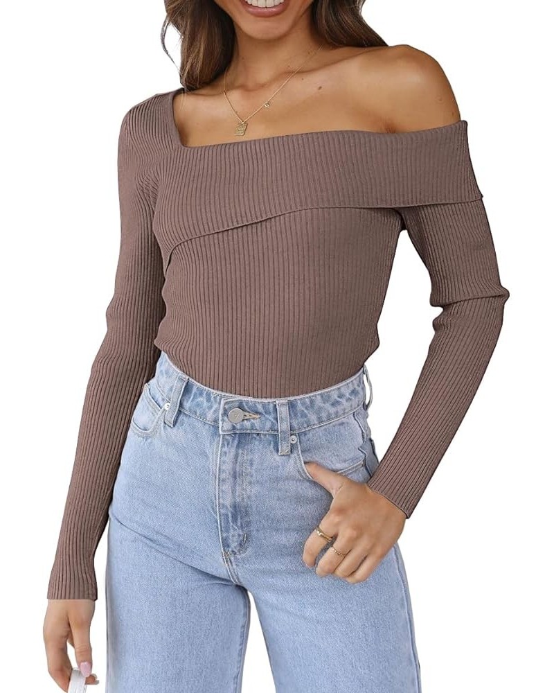 Womens Off Shoulder Sweaters 2024 Fall Long Sleeve Knitted Lightweight Going Out Pullover Sweater Tops Nutmeg $21.83 Sweaters