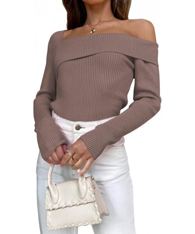 Womens Off Shoulder Sweaters 2024 Fall Long Sleeve Knitted Lightweight Going Out Pullover Sweater Tops Nutmeg $21.83 Sweaters