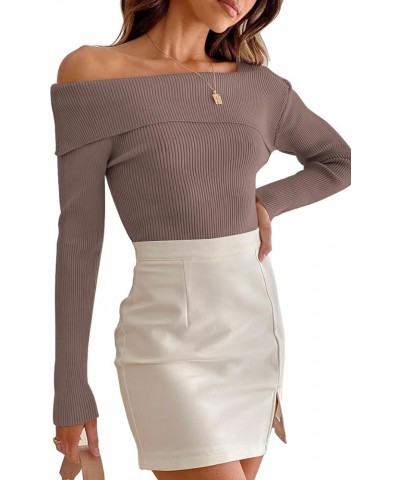 Womens Off Shoulder Sweaters 2024 Fall Long Sleeve Knitted Lightweight Going Out Pullover Sweater Tops Nutmeg $21.83 Sweaters