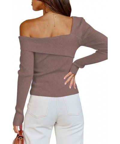 Womens Off Shoulder Sweaters 2024 Fall Long Sleeve Knitted Lightweight Going Out Pullover Sweater Tops Nutmeg $21.83 Sweaters