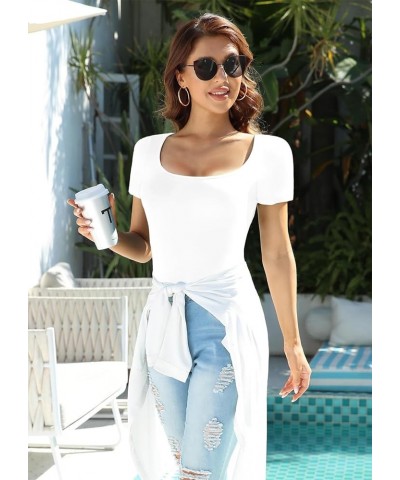 Women's Scoop Neck Bodysuit Short Sleeves Slim Fit Basic Stretchy Sexy Body suit Double Lined Shirt Tops 01 White $10.59 Body...