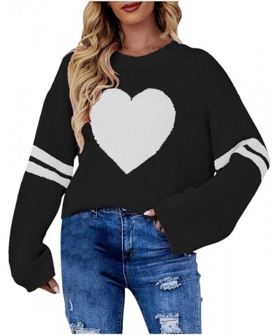 Women's Winter Graphic Knitted Sweater Tops Heart Print Long Sleeve Crewneck Pullovers Y2K Sweater Fashion Cute Tops Black,02...