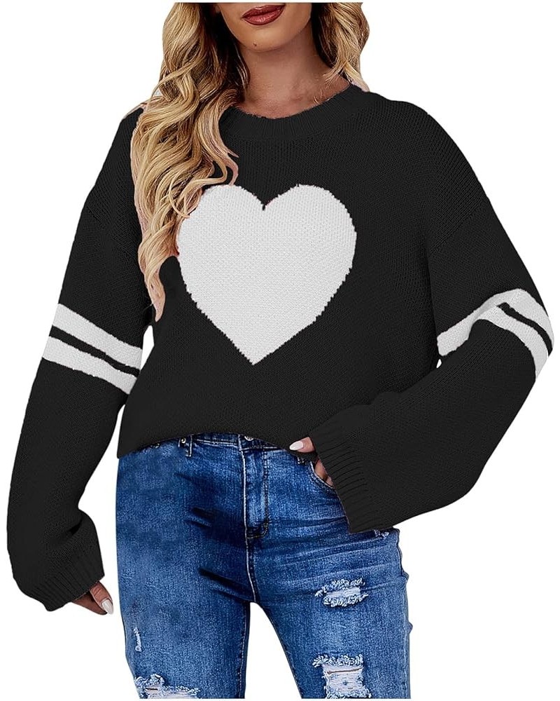 Women's Winter Graphic Knitted Sweater Tops Heart Print Long Sleeve Crewneck Pullovers Y2K Sweater Fashion Cute Tops Black,02...