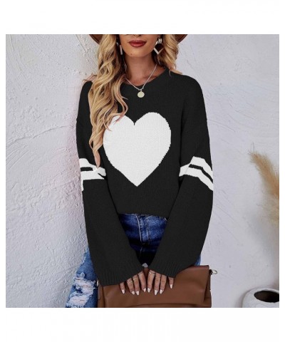 Women's Winter Graphic Knitted Sweater Tops Heart Print Long Sleeve Crewneck Pullovers Y2K Sweater Fashion Cute Tops Black,02...