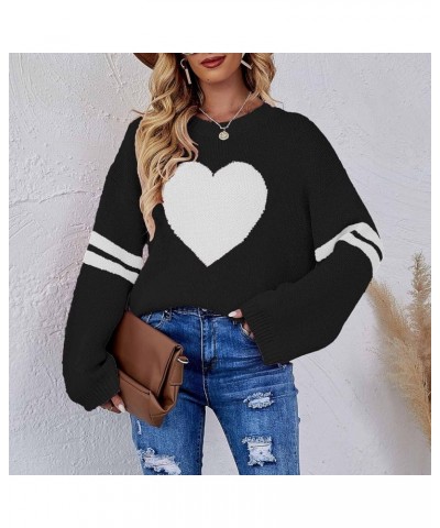 Women's Winter Graphic Knitted Sweater Tops Heart Print Long Sleeve Crewneck Pullovers Y2K Sweater Fashion Cute Tops Black,02...