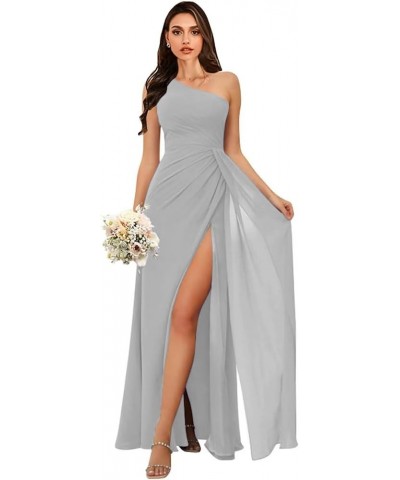 Women's One Shoulder Bridesmaid Dresses for Wedding Long Chiffon Ruched A Line Formal Party Dresses with Slit Silver $33.74 D...