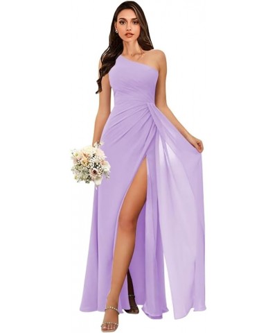 Women's One Shoulder Bridesmaid Dresses for Wedding Long Chiffon Ruched A Line Formal Party Dresses with Slit Silver $33.74 D...