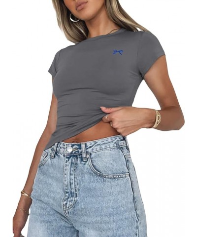 Sexy Short Sleeve Top for Women Solid Slim Fitted Shirt Tee Basic Crew Neck Crop Top Blouse Q-cute Tee Dark Grey $10.99 T-Shirts