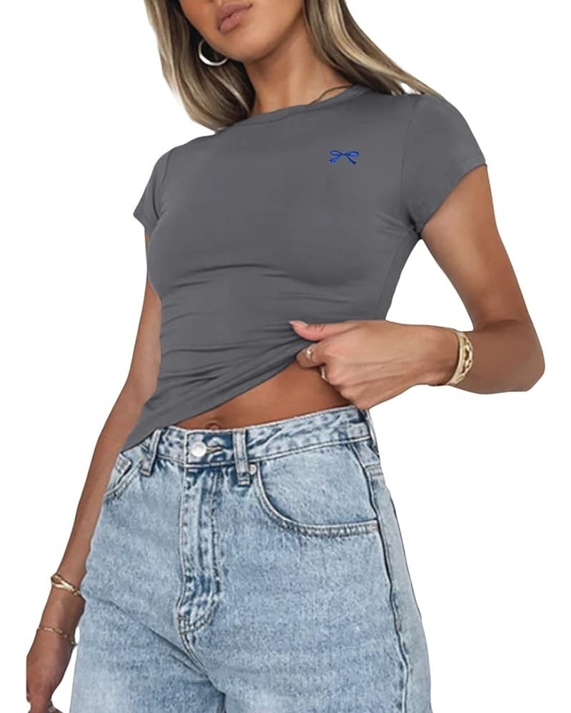 Sexy Short Sleeve Top for Women Solid Slim Fitted Shirt Tee Basic Crew Neck Crop Top Blouse Q-cute Tee Dark Grey $10.99 T-Shirts