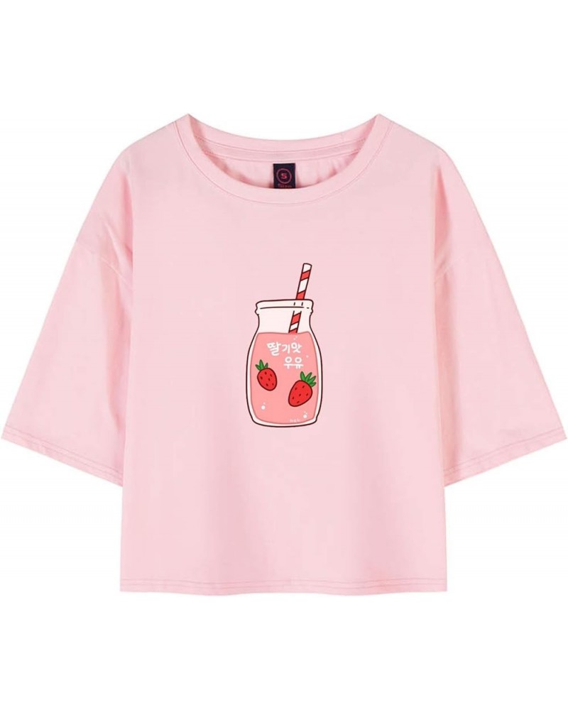 90s Japanese Strawberry Milk Crop Top Cotton Pink T Shirts for Teen Girls Pink9 $11.56 T-Shirts