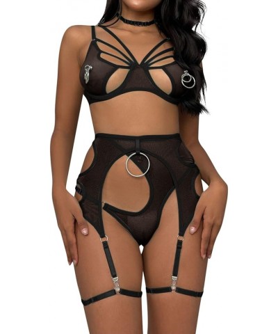 Women Lingerie Sexy Sets Women Lady Sexy Large Circle Metal Accessories With Hanging Neck Mesh Lingerie Set Hi Black $10.59 L...