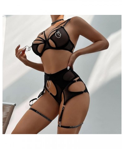 Women Lingerie Sexy Sets Women Lady Sexy Large Circle Metal Accessories With Hanging Neck Mesh Lingerie Set Hi Black $10.59 L...