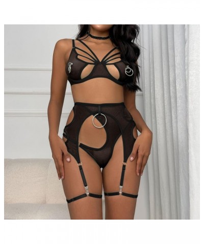 Women Lingerie Sexy Sets Women Lady Sexy Large Circle Metal Accessories With Hanging Neck Mesh Lingerie Set Hi Black $10.59 L...