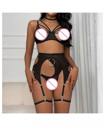 Women Lingerie Sexy Sets Women Lady Sexy Large Circle Metal Accessories With Hanging Neck Mesh Lingerie Set Hi Black $10.59 L...