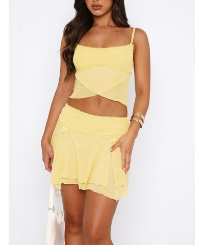 Y2k Two Piece Skirt Set for Women Lace Frill Spaghetti Strap Crop Top Bodycon Short Skirt Trendy Suit Sets Outfits F-yellow F...