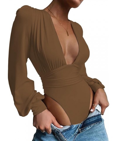 Women's Plunging V Neck Ruched Pleated Long Sleeve Top Leotard Bodysuit Light Brown $10.49 Bodysuits