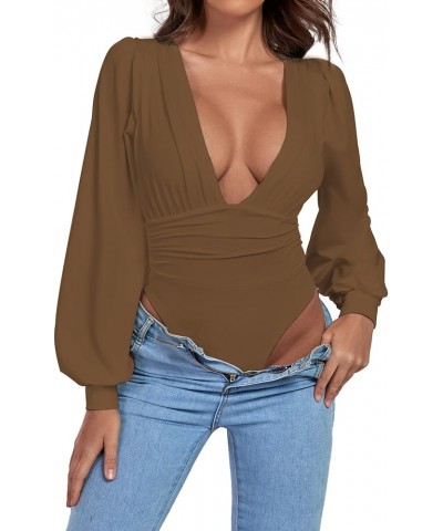 Women's Plunging V Neck Ruched Pleated Long Sleeve Top Leotard Bodysuit Light Brown $10.49 Bodysuits