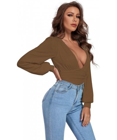 Women's Plunging V Neck Ruched Pleated Long Sleeve Top Leotard Bodysuit Light Brown $10.49 Bodysuits