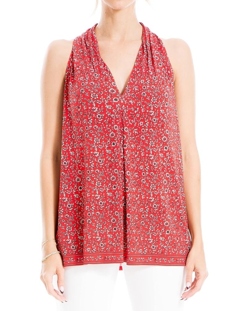 Women's V-Neck Tank Top with Inverted Front Pleats Coral Climbing Floral $10.37 Tanks