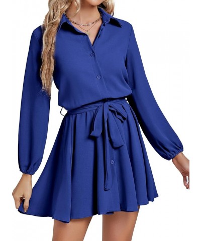 Women’s Button Down Lantern Long Sleeve Belted Skater Mini Short Shirt Dress Royal Blue $22.25 Dresses