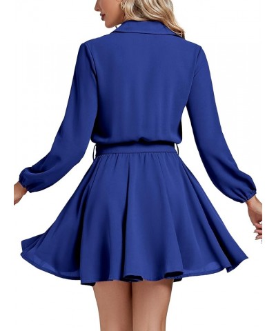 Women’s Button Down Lantern Long Sleeve Belted Skater Mini Short Shirt Dress Royal Blue $22.25 Dresses