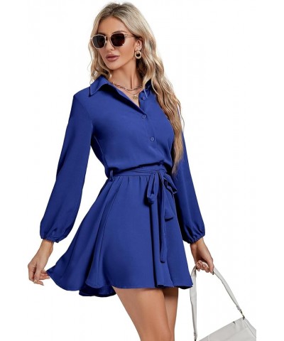 Women’s Button Down Lantern Long Sleeve Belted Skater Mini Short Shirt Dress Royal Blue $22.25 Dresses