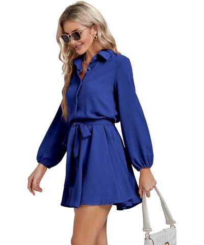 Women’s Button Down Lantern Long Sleeve Belted Skater Mini Short Shirt Dress Royal Blue $22.25 Dresses