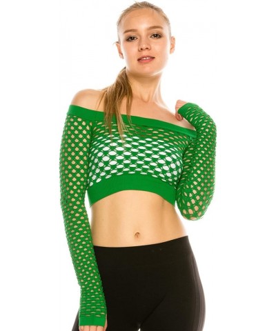 Stretchy Fishnet Long Sleeve Crop Top, UV Protective Fabric, Rated UPF 50+ (Made with Love in The USA) Green-b $10.97 Swimsuits