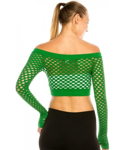 Stretchy Fishnet Long Sleeve Crop Top, UV Protective Fabric, Rated UPF 50+ (Made with Love in The USA) Green-b $10.97 Swimsuits