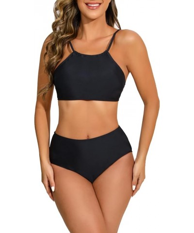 Women's Triangle Bikini Sets 2 Piece Swimsuits Halter Tie Up Bathing Suit All Black-1 $9.02 Swimsuits