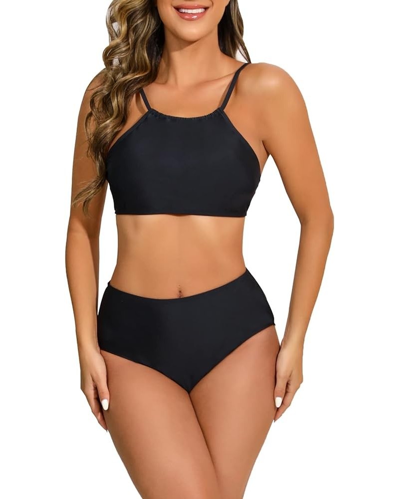 Women's Triangle Bikini Sets 2 Piece Swimsuits Halter Tie Up Bathing Suit All Black-1 $9.02 Swimsuits