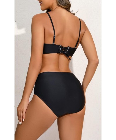 Women's Triangle Bikini Sets 2 Piece Swimsuits Halter Tie Up Bathing Suit All Black-1 $9.02 Swimsuits