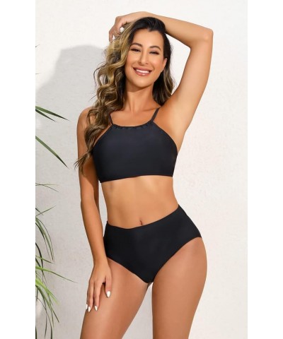 Women's Triangle Bikini Sets 2 Piece Swimsuits Halter Tie Up Bathing Suit All Black-1 $9.02 Swimsuits