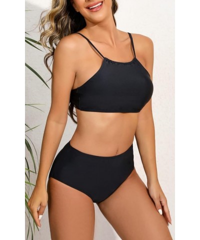 Women's Triangle Bikini Sets 2 Piece Swimsuits Halter Tie Up Bathing Suit All Black-1 $9.02 Swimsuits