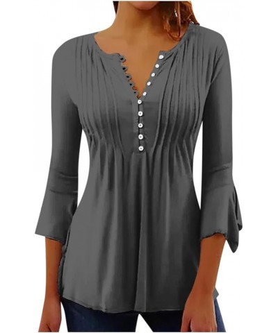 Hide Belly Trendy Tops for Women V Neck Button Pleated Flare Tunic Blouse Bell 3/4 Sleeve Solid Flowy Henley Shirts 7-gray $4...