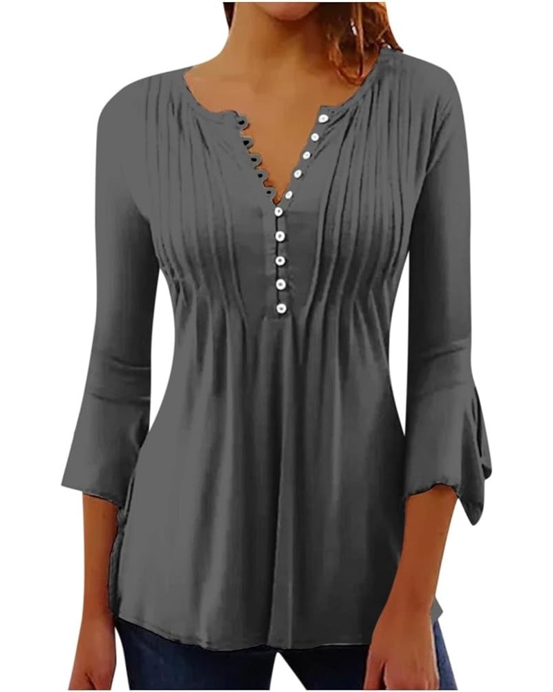 Hide Belly Trendy Tops for Women V Neck Button Pleated Flare Tunic Blouse Bell 3/4 Sleeve Solid Flowy Henley Shirts 7-gray $4...