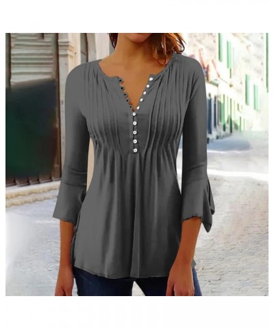 Hide Belly Trendy Tops for Women V Neck Button Pleated Flare Tunic Blouse Bell 3/4 Sleeve Solid Flowy Henley Shirts 7-gray $4...