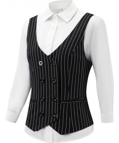 Womens Suit Vest Double Breasted V-Neck Fashion Dressy Casual Waistcoat Vest for Women Black Stripe $18.86 Vests