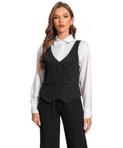 Womens Suit Vest Double Breasted V-Neck Fashion Dressy Casual Waistcoat Vest for Women Black Stripe $18.86 Vests